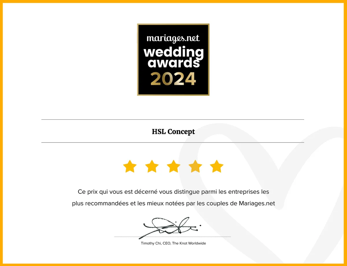 Diplôme Wedding Awards 2024 de Mariages.net décerné à HSL Concept, cinq étoiles